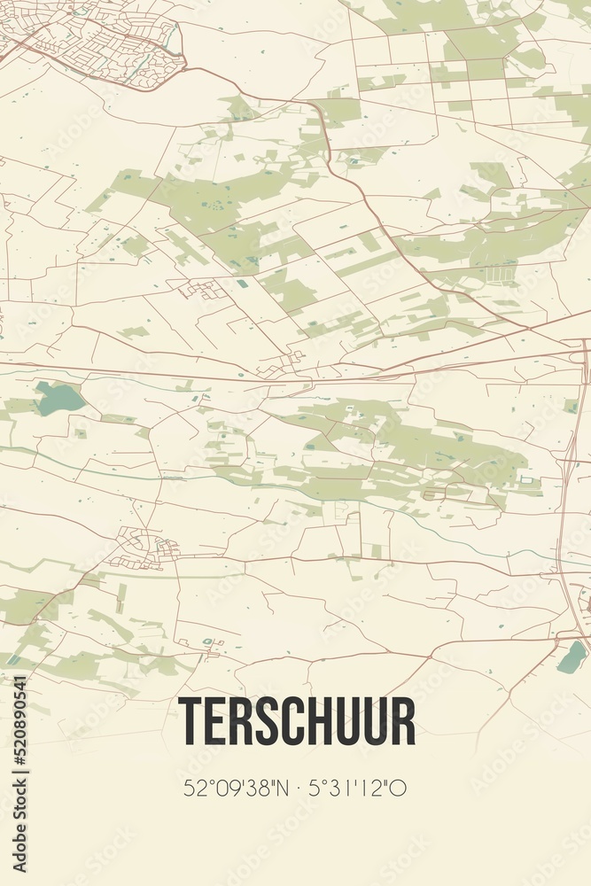 Retro Dutch city map of Terschuur located in Gelderland. Vintage street map.