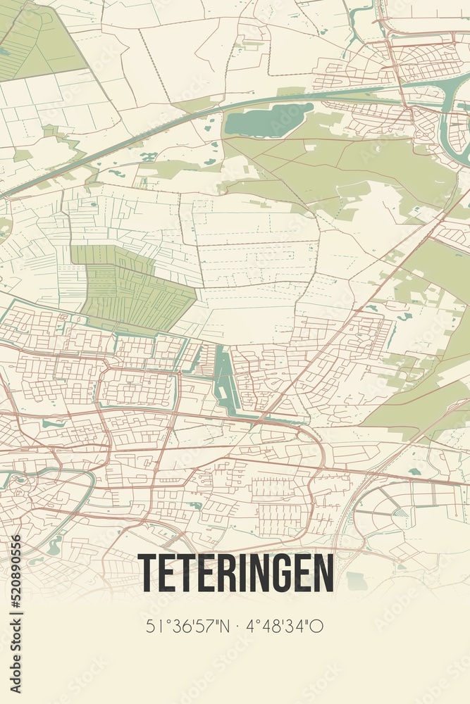 Retro Dutch city map of Teteringen located in Noord-Brabant. Vintage street map.
