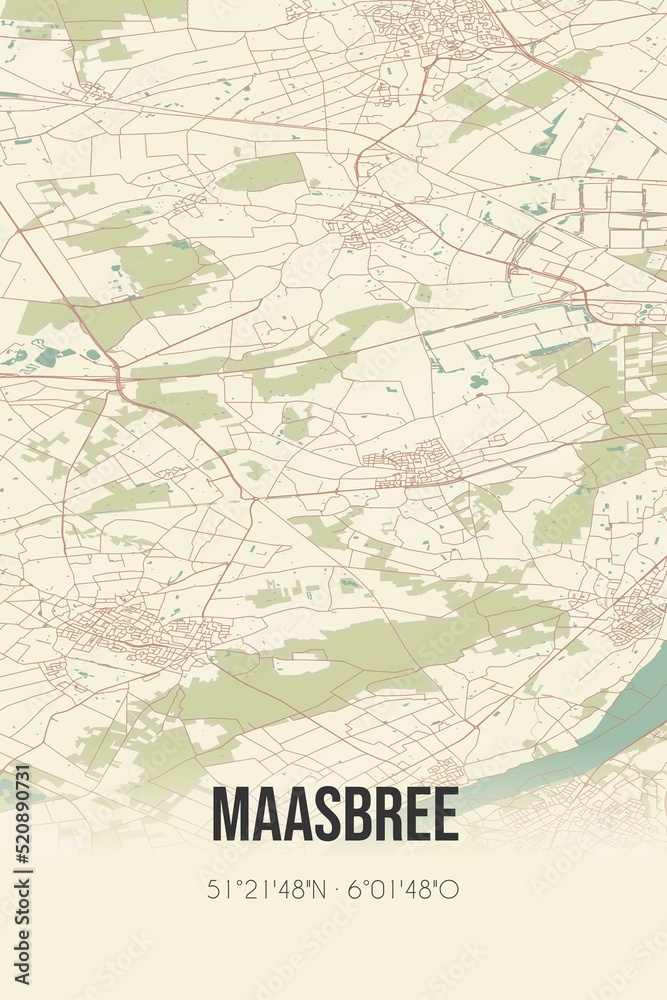 Retro Dutch city map of Maasbree located in Limburg. Vintage street map.