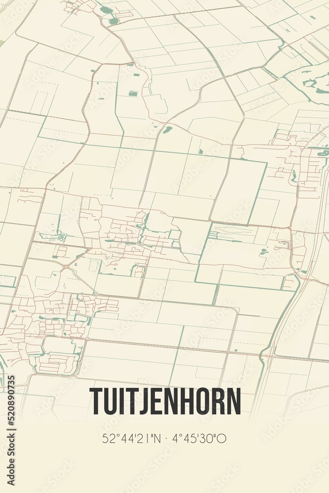 Retro Dutch city map of Tuitjenhorn located in Noord-Holland. Vintage street map. Retro Dutch city map of Tuitjenhorn located in Noord-Holland. Vintage street map.