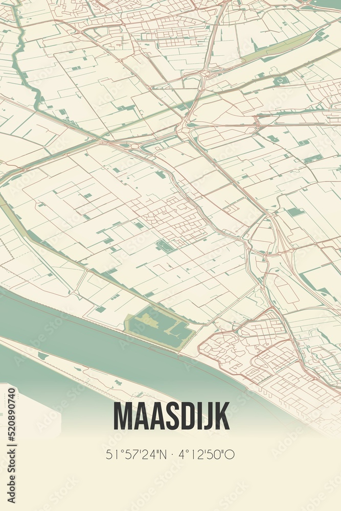 Retro Dutch city map of Maasdijk located in Zuid-Holland. Vintage street map.