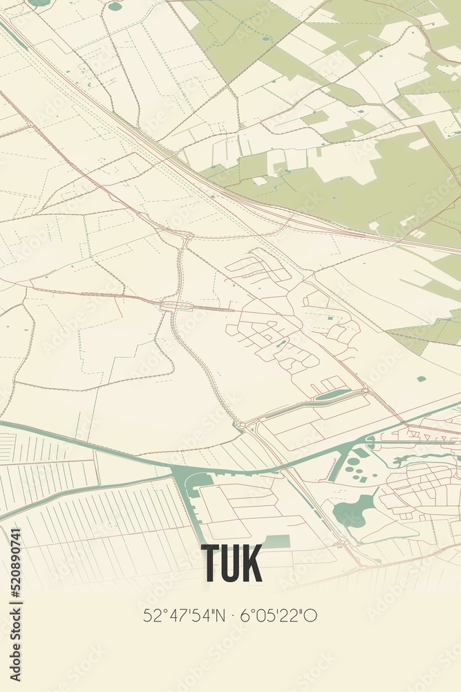 Retro Dutch city map of Tuk located in Overijssel. Vintage street map.