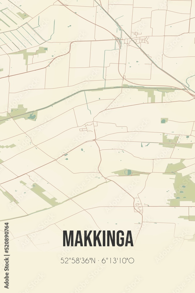 Retro Dutch city map of Makkinga located in Fryslan. Vintage street map.