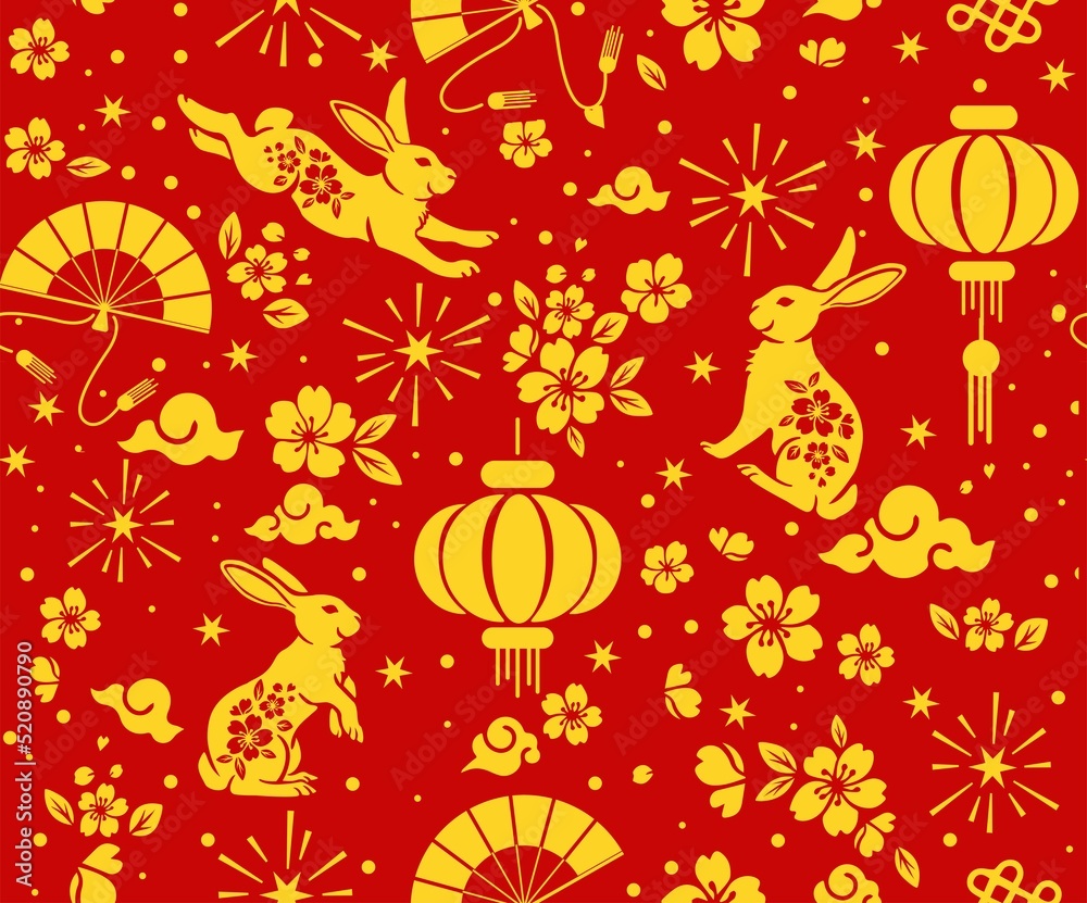 Seamless pattern with Asian elements on color background for happy Chinese new year of the Rabbit 2023, flyers, poster and banner Seamless pattern with Asian elements on color background for happy Chinese new year of the Rabbit 2023, flyers, poster and banner