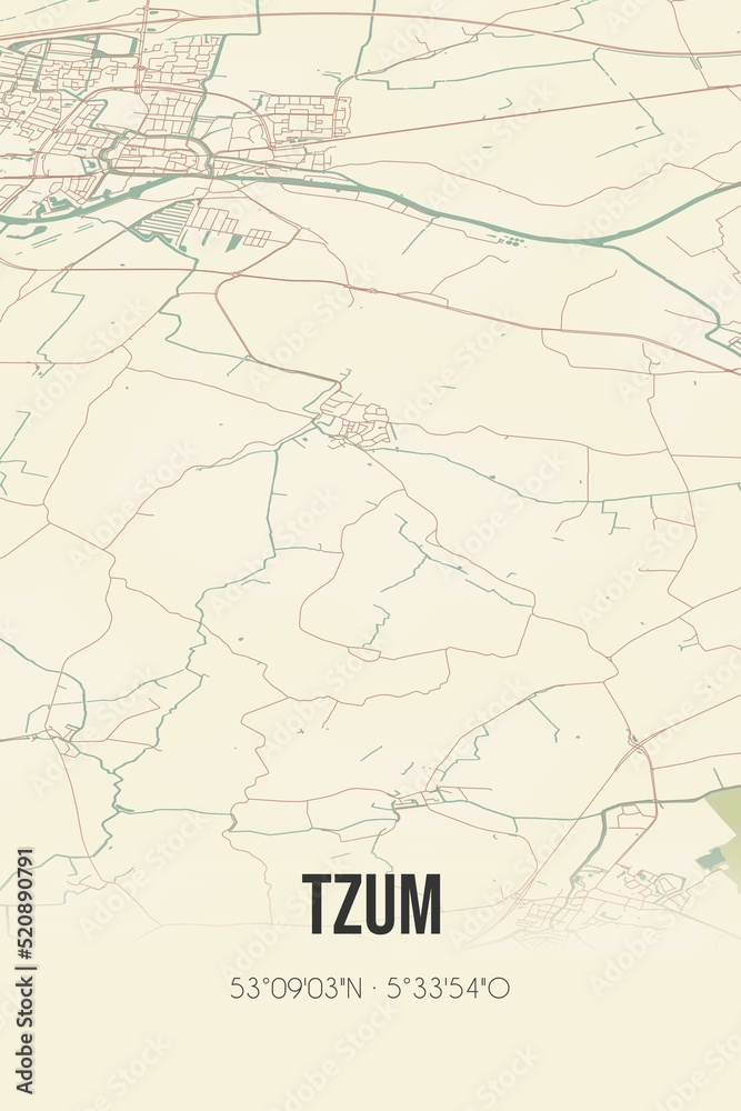 Retro Dutch city map of Tzum located in Fryslan. Vintage street map.