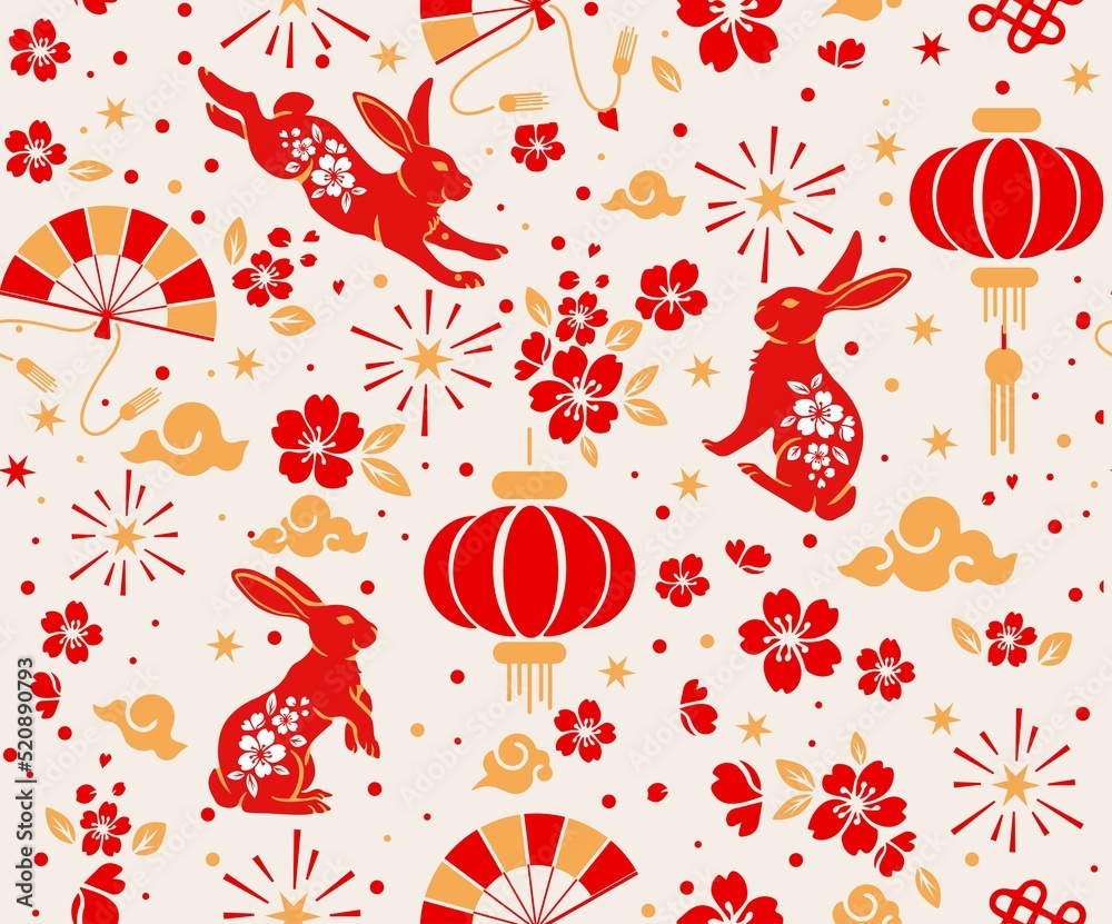 Seamless pattern with Asian elements on color background for happy Chinese new year of the Rabbit 2023, flyers, poster and banner Seamless pattern with Asian elements on color background for happy Chinese new year of the Rabbit 2023, flyers, poster and banner