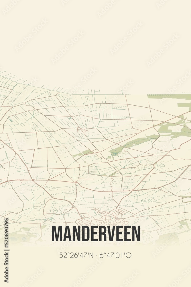 Retro Dutch city map of Manderveen located in Overijssel. Vintage street map.