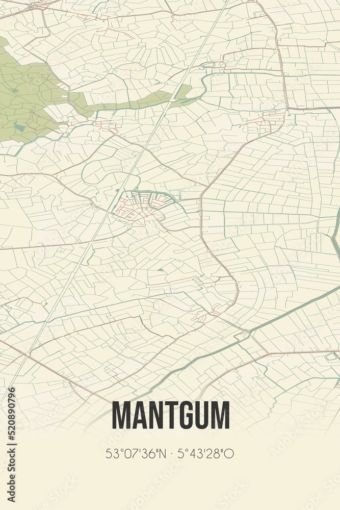 Retro Dutch city map of Mantgum located in Fryslan. Vintage street map.