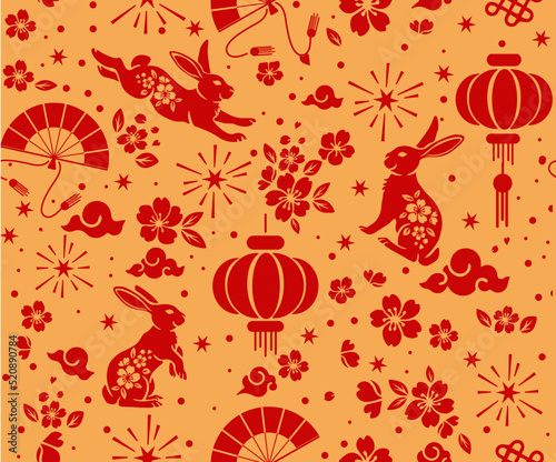 Seamless pattern with Asian elements on color background for happy Chinese new year of the Rabbit 2023, flyers, poster and banner