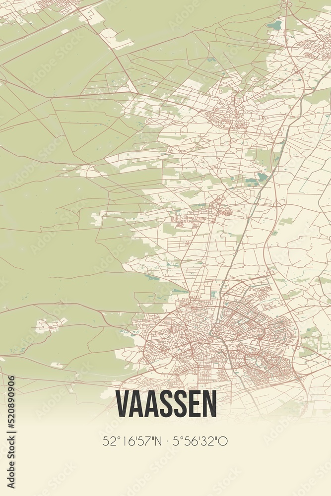 Retro Dutch city map of Vaassen located in Gelderland. Vintage street map.