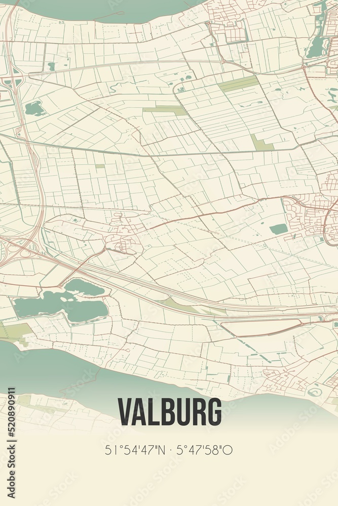 Retro Dutch city map of Valburg located in Gelderland. Vintage street map.