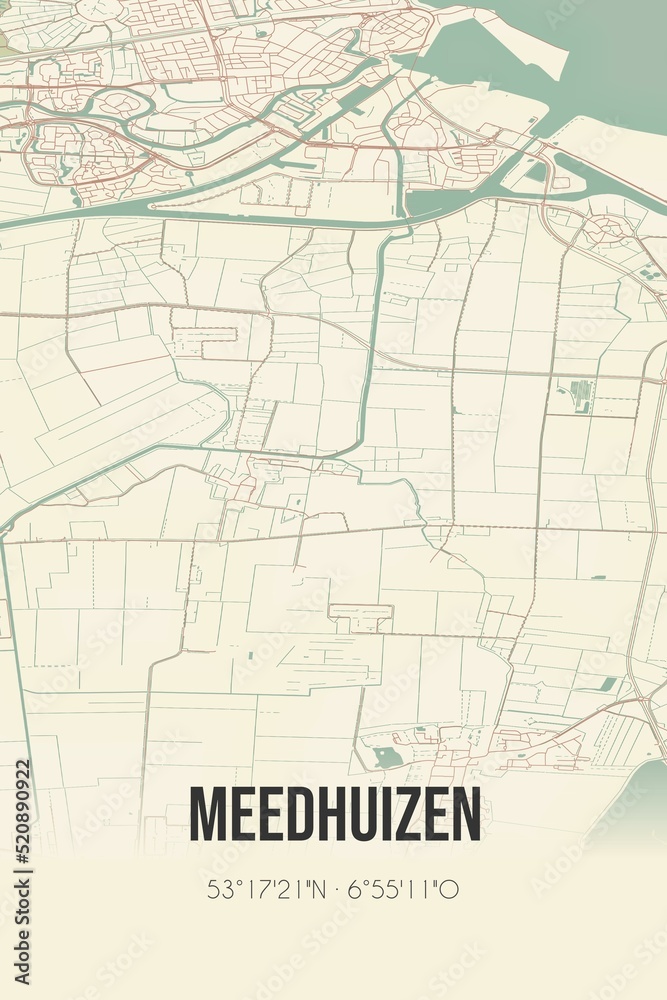 Retro Dutch city map of Meedhuizen located in Groningen. Vintage street map.