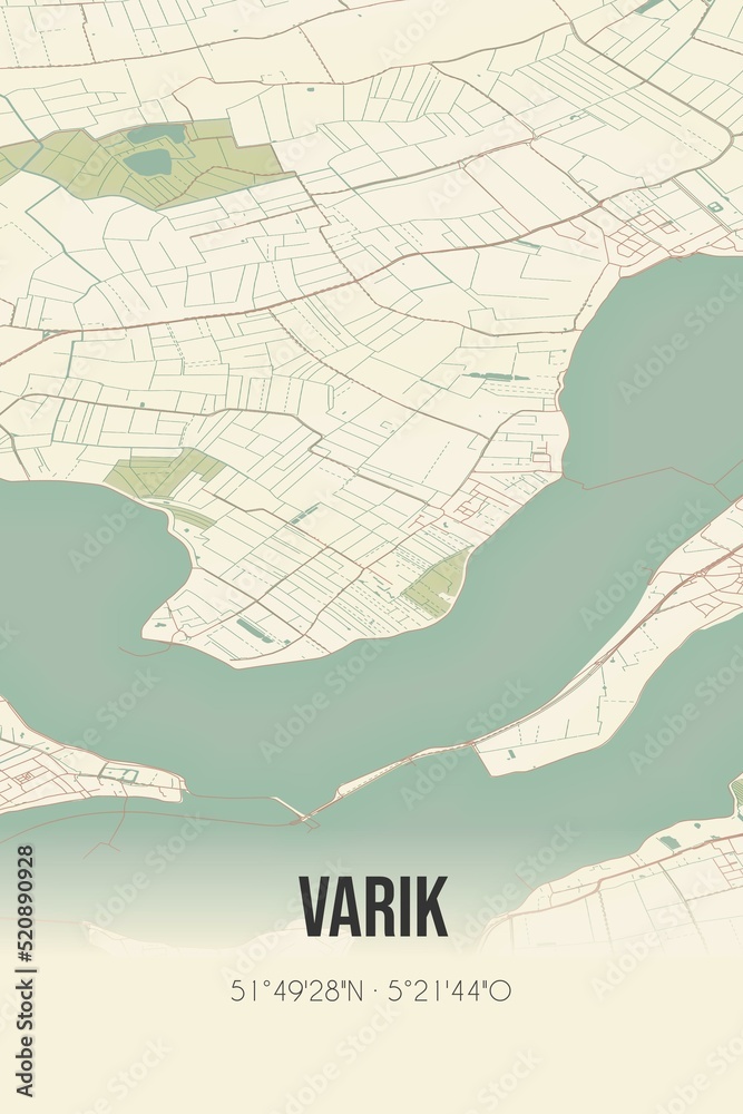 Retro Dutch city map of Varik located in Gelderland. Vintage street map.