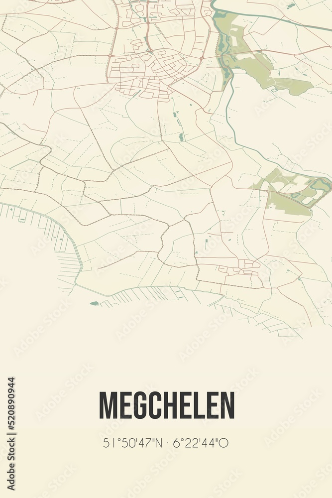 Retro Dutch city map of Megchelen located in Gelderland. Vintage street map.