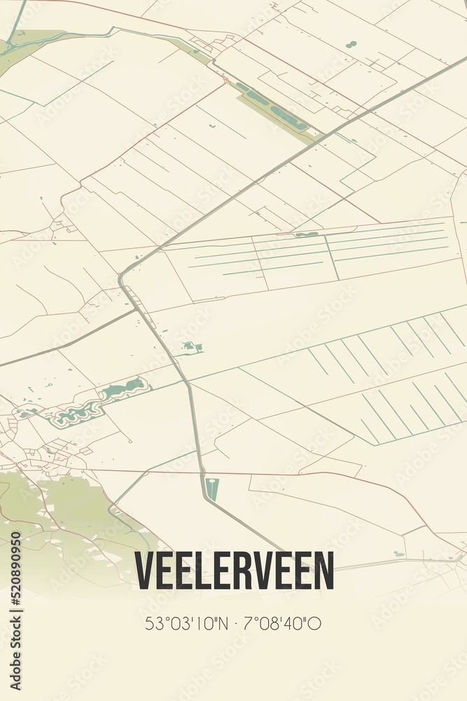 Retro Dutch city map of Veelerveen located in Groningen. Vintage street map. Retro Dutch city map of Veelerveen located in Groningen. Vintage street map.
