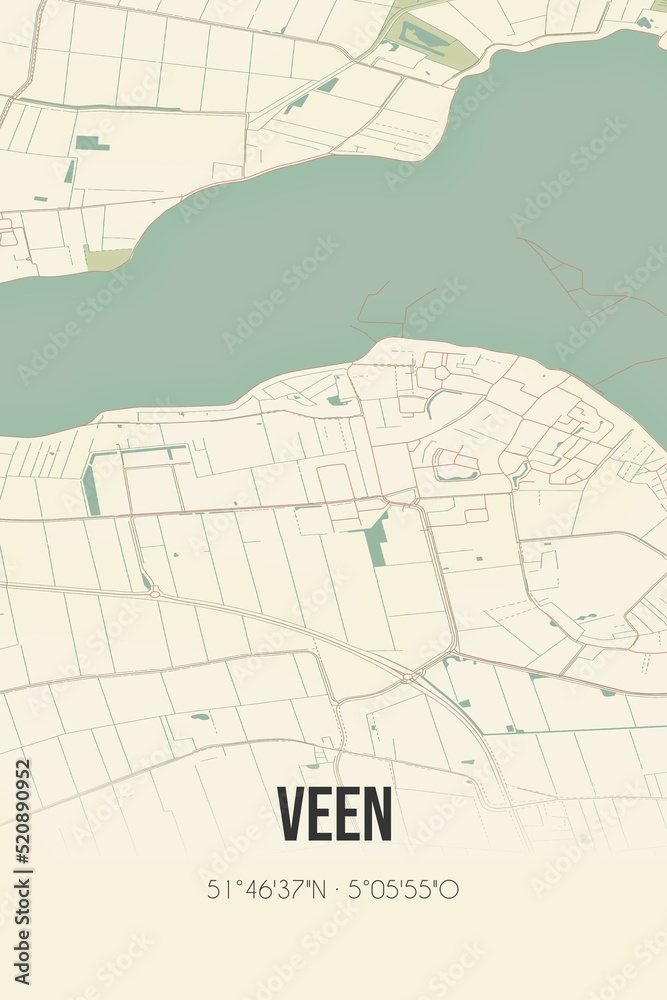 Retro Dutch city map of Veen located in Noord-Brabant. Vintage street map. Retro Dutch city map of Veen located in Noord-Brabant. Vintage street map.