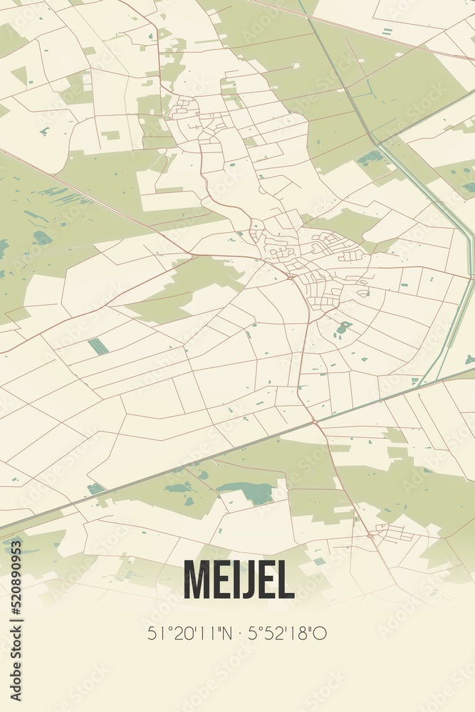 Retro Dutch city map of Meijel located in Limburg. Vintage street map.