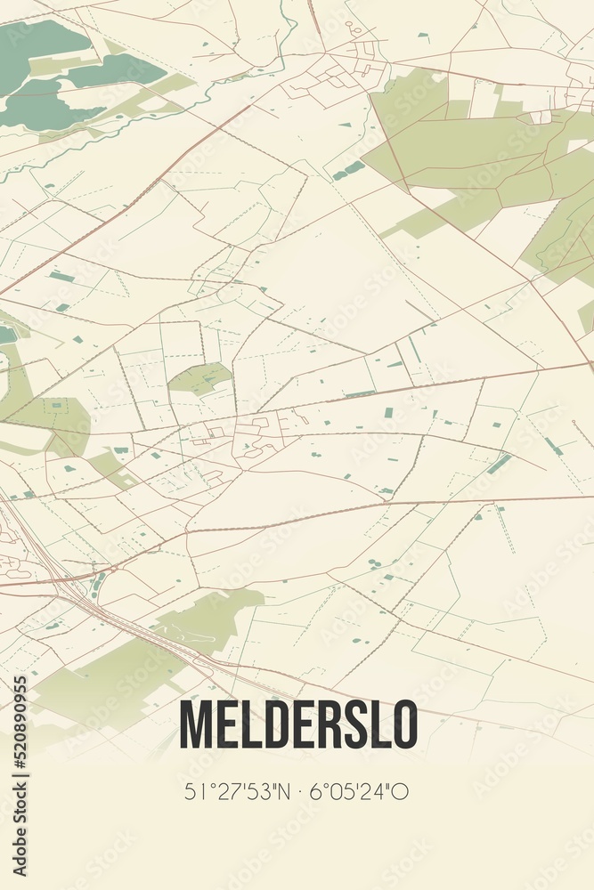 Retro Dutch city map of Melderslo located in Limburg. Vintage street map.