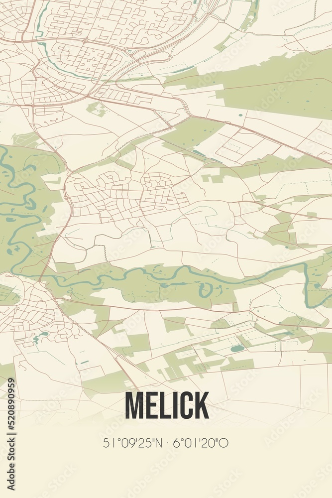 Retro Dutch city map of Melick located in Limburg. Vintage street map.