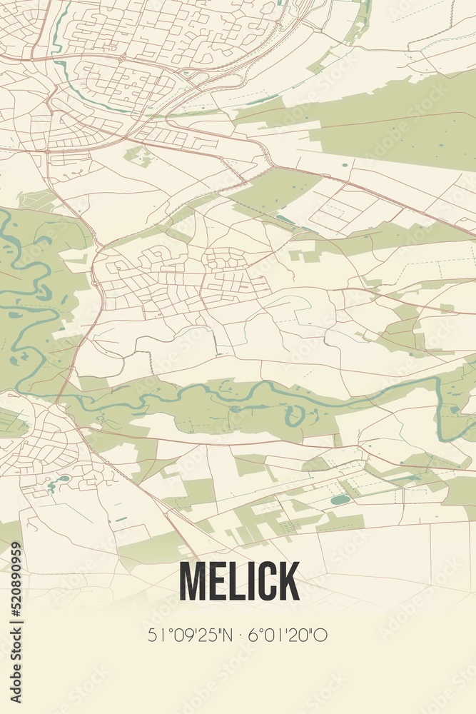 Obraz premium Retro Dutch city map of Melick located in Limburg. Vintage street map.