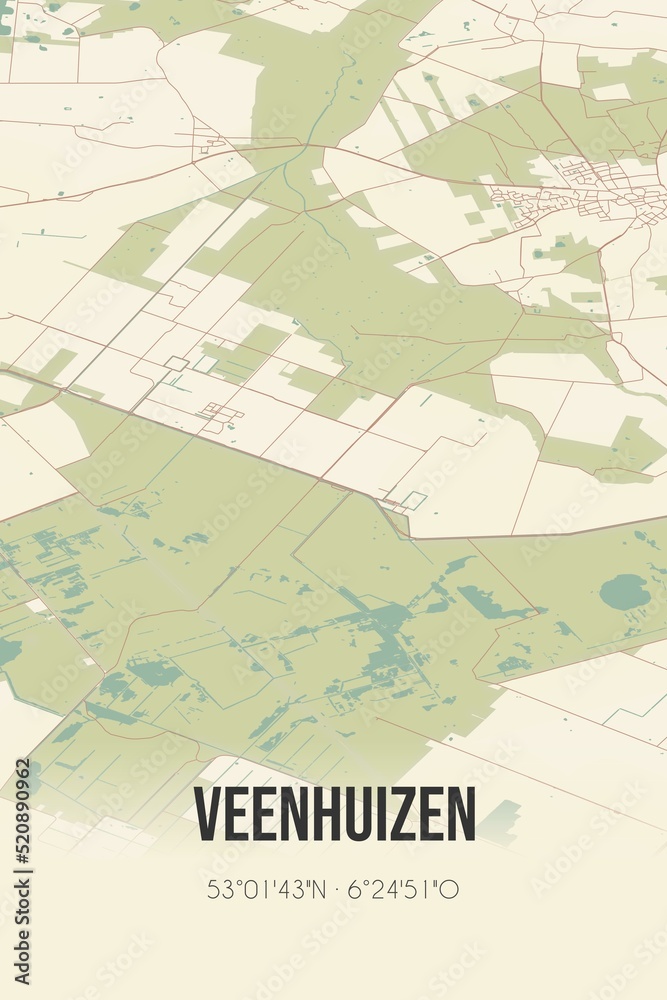 Retro Dutch city map of Veenhuizen located in Drenthe. Vintage street map.