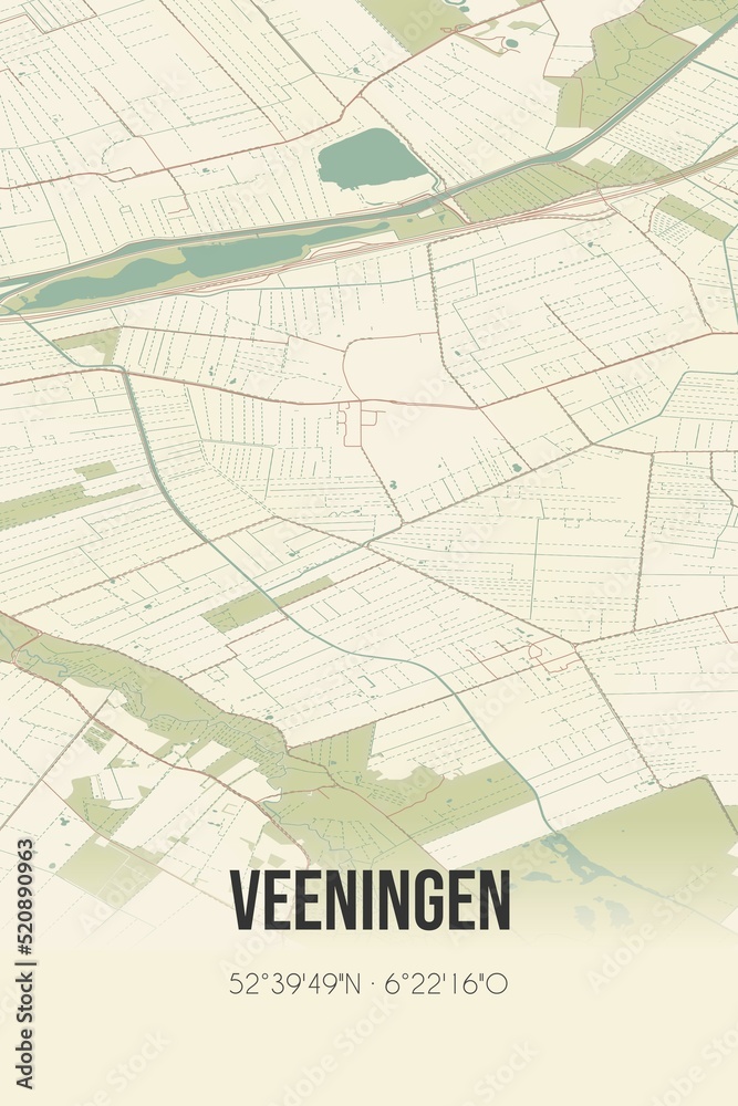 Retro Dutch city map of Veeningen located in Drenthe. Vintage street map.