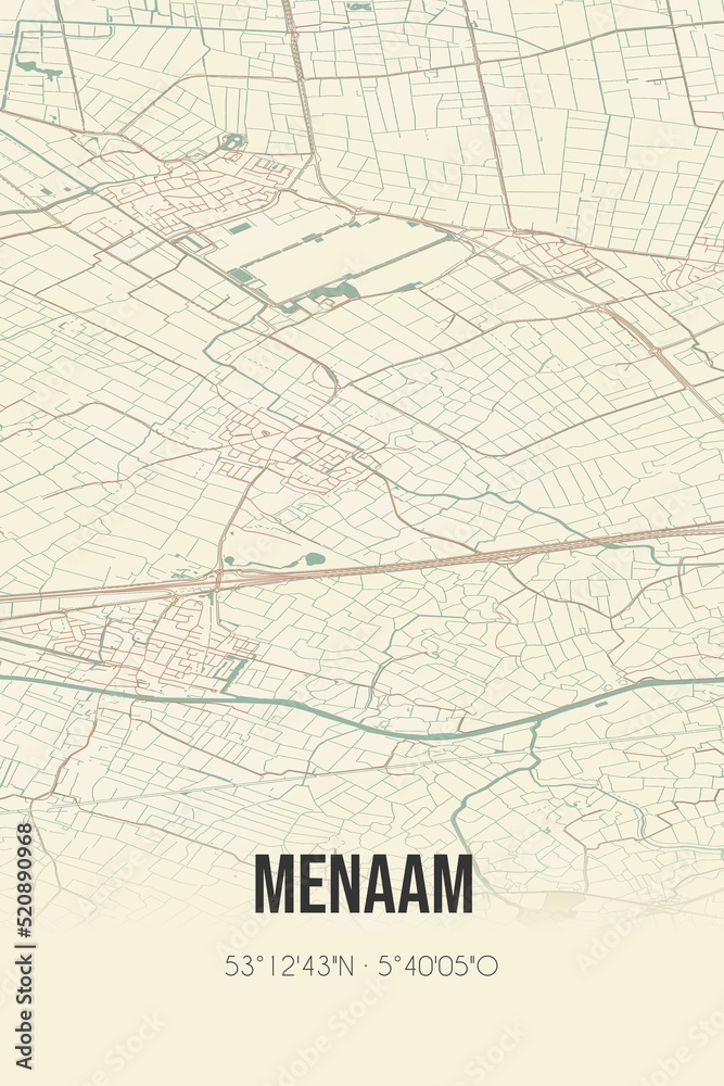 Retro Dutch city map of Menaam located in Fryslan. Vintage street map.