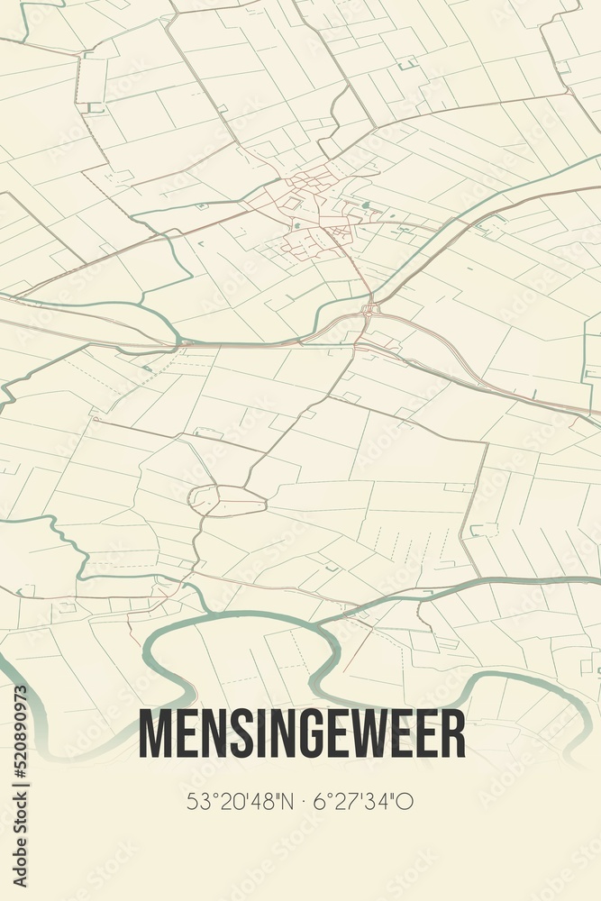 Retro Dutch city map of Mensingeweer located in Groningen. Vintage street map.
