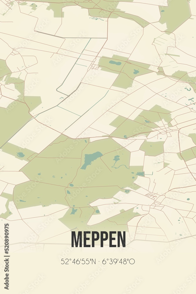 Retro Dutch city map of Meppen located in Drenthe. Vintage street map.