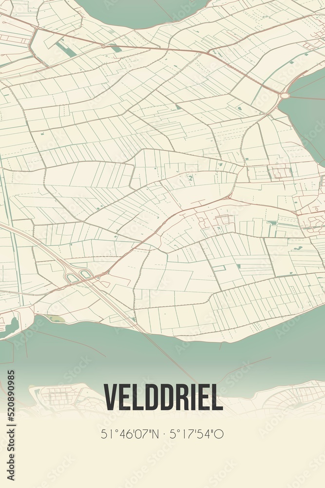 Obraz premium Retro Dutch city map of Velddriel located in Gelderland. Vintage street map.