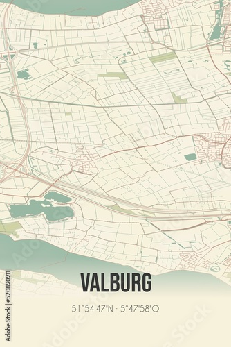 Retro Dutch city map of Valburg located in Gelderland. Vintage street map. photo