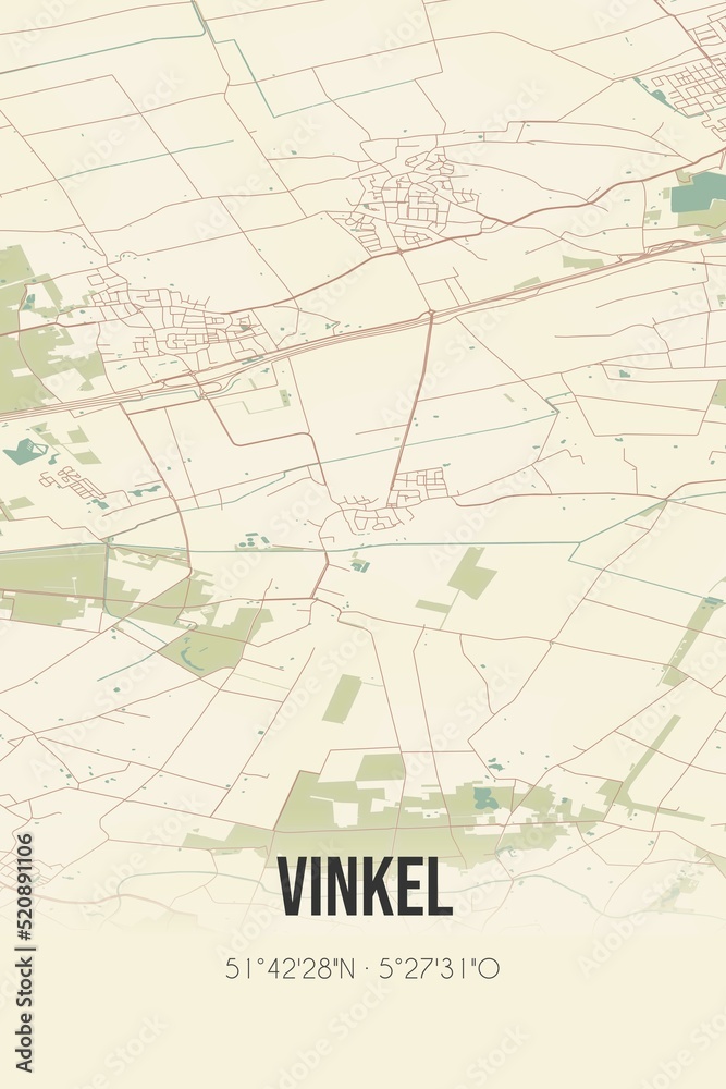 Retro Dutch city map of Vinkel located in Noord-Brabant. Vintage street map.