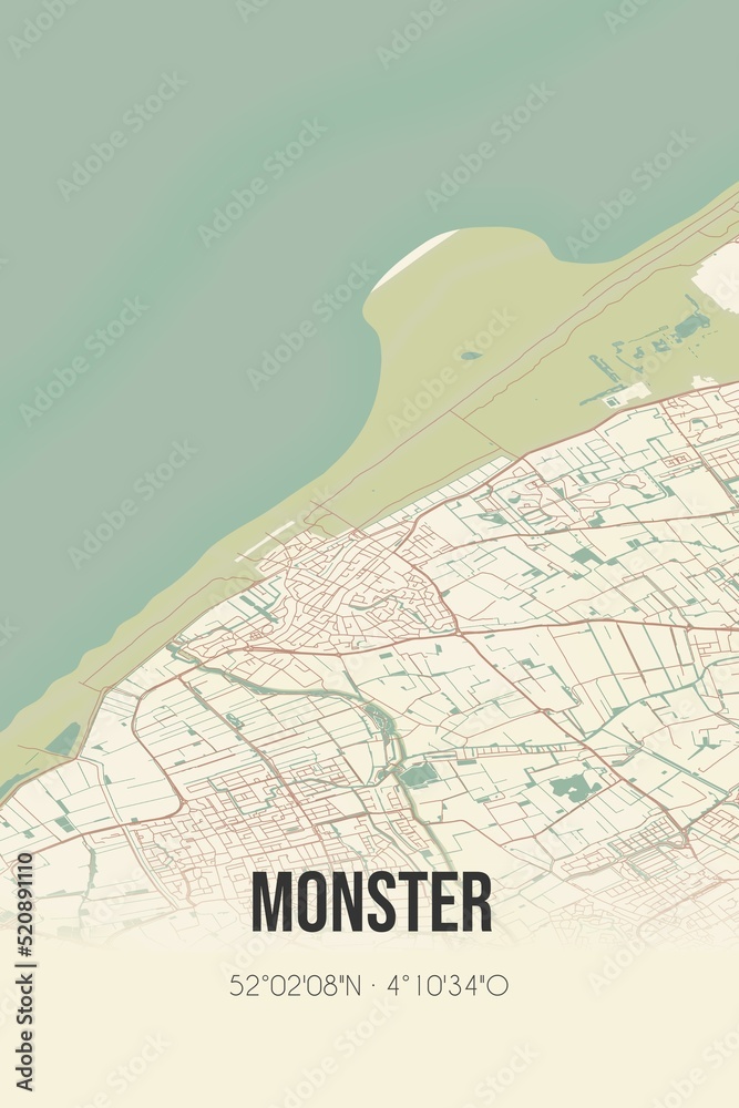 Obraz premium Retro Dutch city map of Monster located in Zuid-Holland. Vintage street map.