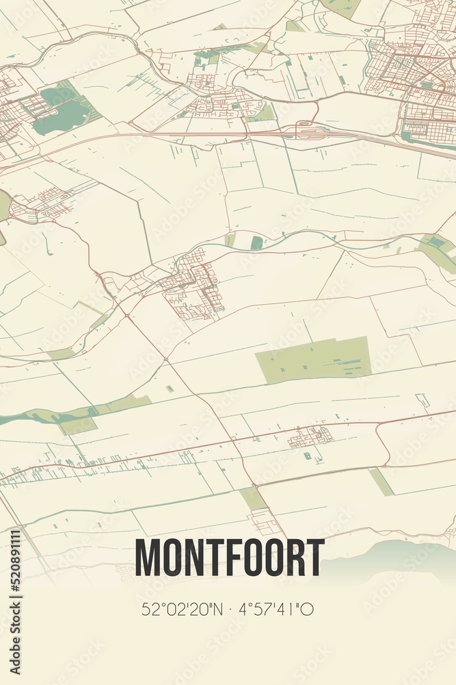 Retro Dutch city map of Montfoort located in Utrecht. Vintage street map.