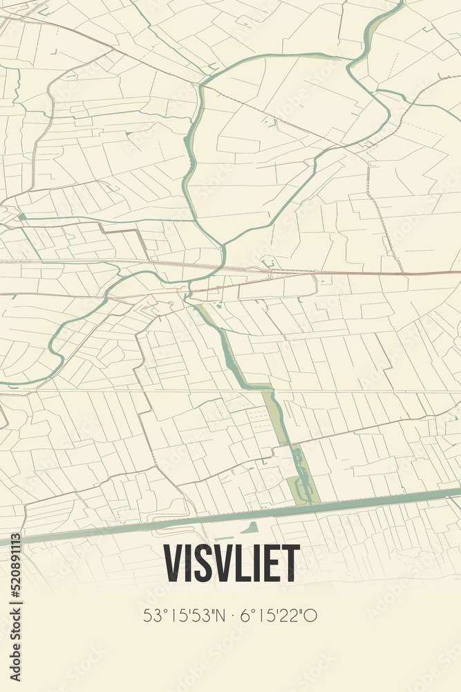 Retro Dutch city map of Visvliet located in Groningen. Vintage street map.
