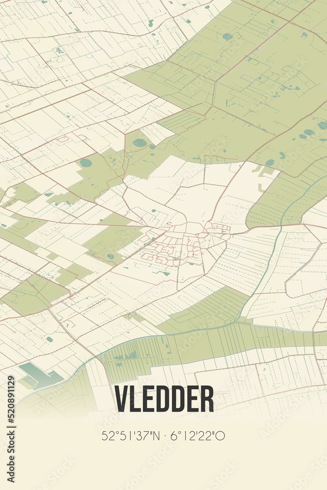 Retro Dutch city map of Vledder located in Drenthe. Vintage street map.