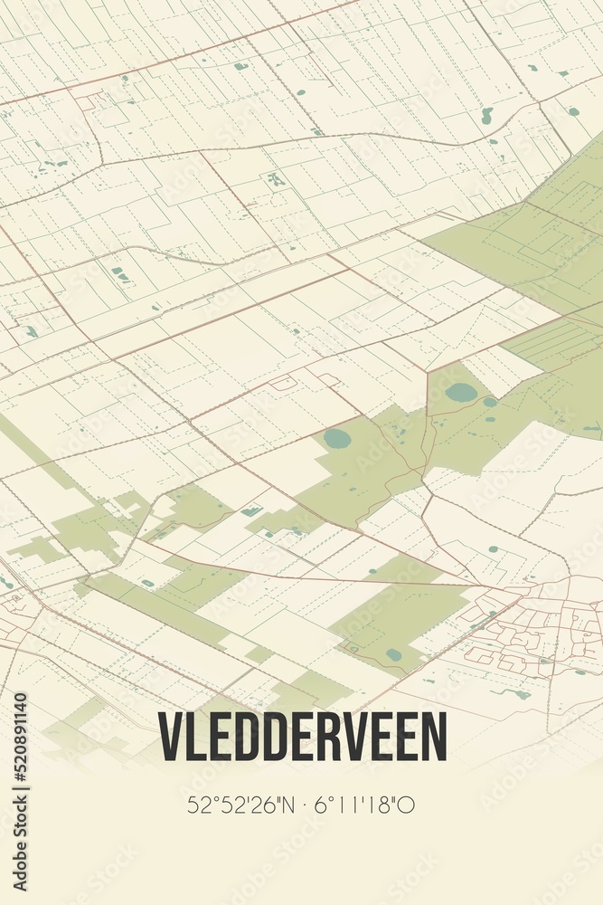 Retro Dutch city map of Vledderveen located in Drenthe. Vintage street map.
