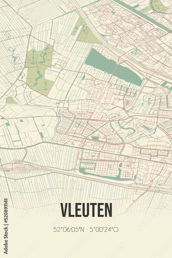 Retro Dutch city map of Vleuten located in Utrecht. Vintage street map.