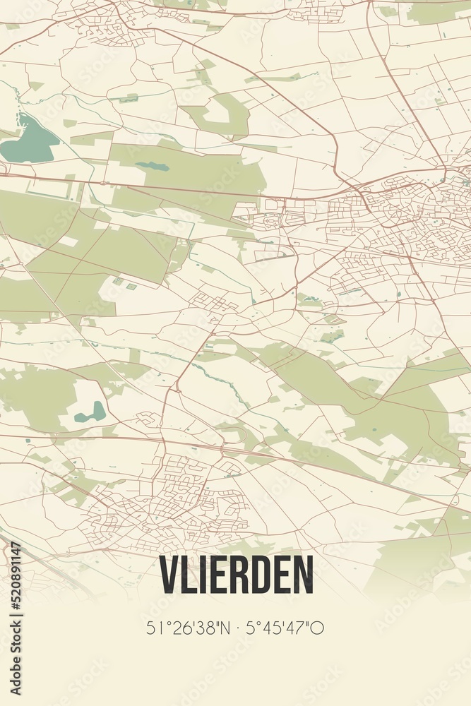 Retro Dutch city map of Vlierden located in Noord-Brabant. Vintage street map.