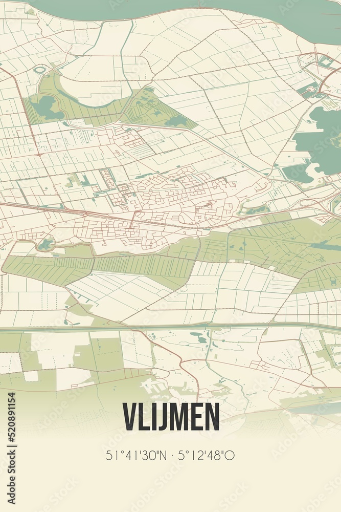 Retro Dutch city map of Vlijmen located in Noord-Brabant. Vintage street map.