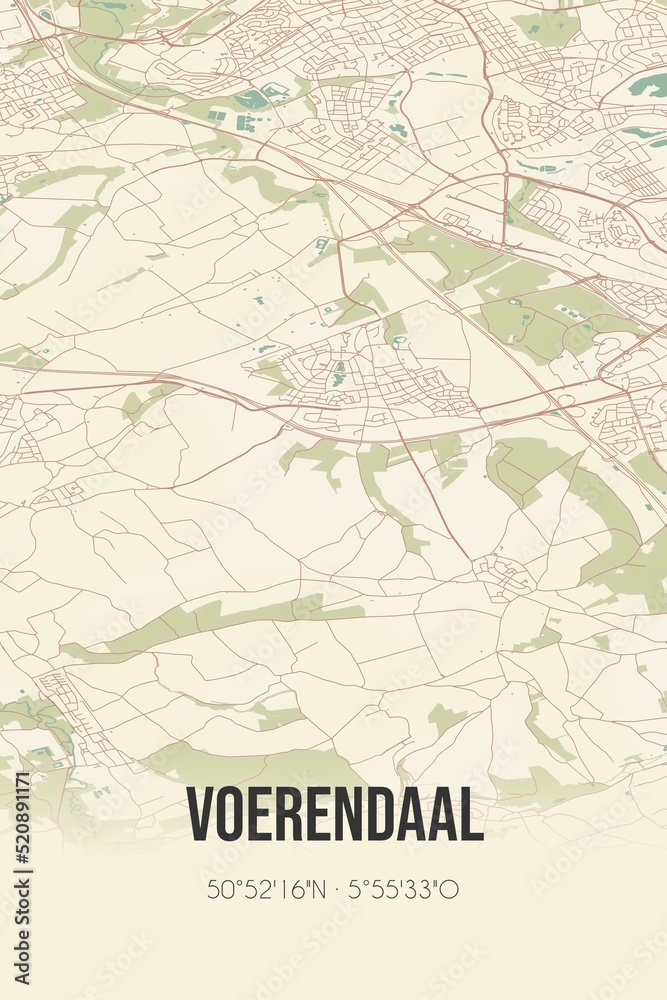 Retro Dutch city map of Voerendaal located in Limburg. Vintage street map.