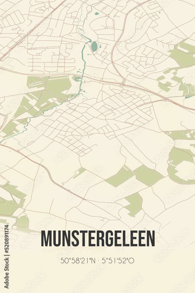 Retro Dutch city map of Munstergeleen located in Limburg. Vintage street map.