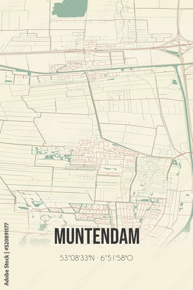 Retro Dutch city map of Muntendam located in Groningen. Vintage street map. Retro Dutch city map of Muntendam located in Groningen. Vintage street map.
