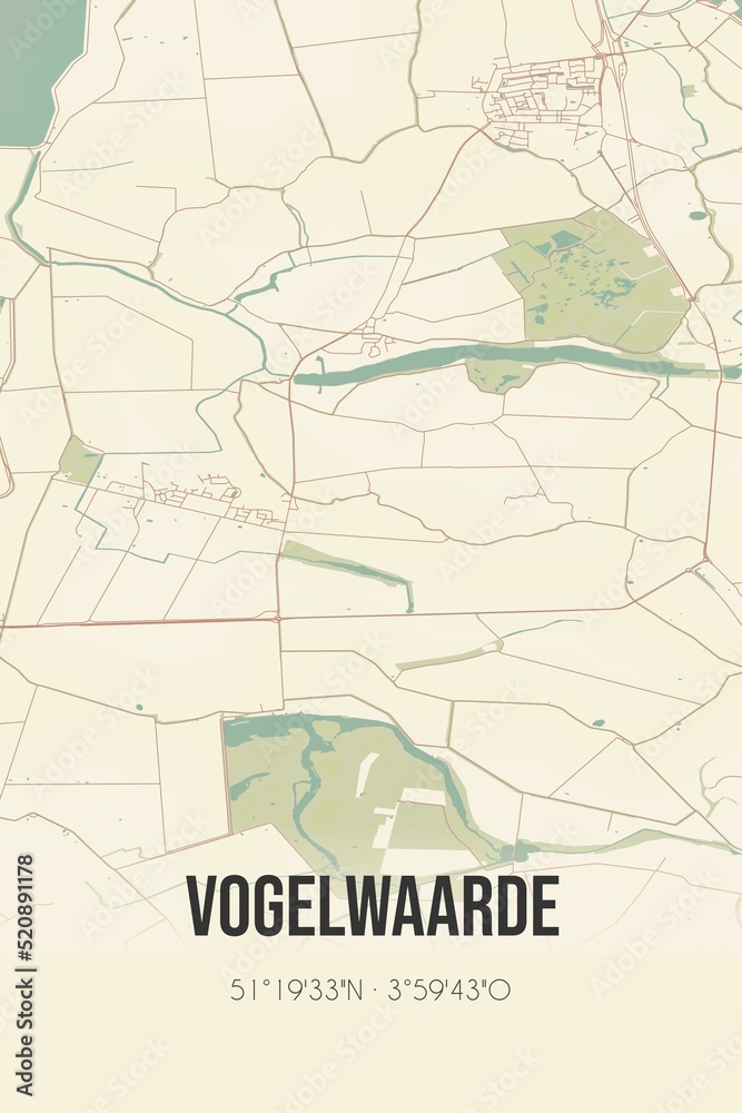 Retro Dutch city map of Vogelwaarde located in Zeeland. Vintage street map.