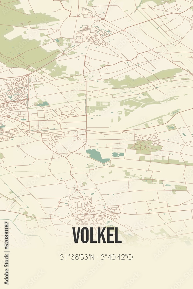 Retro Dutch city map of Volkel located in Noord-Brabant. Vintage street map.