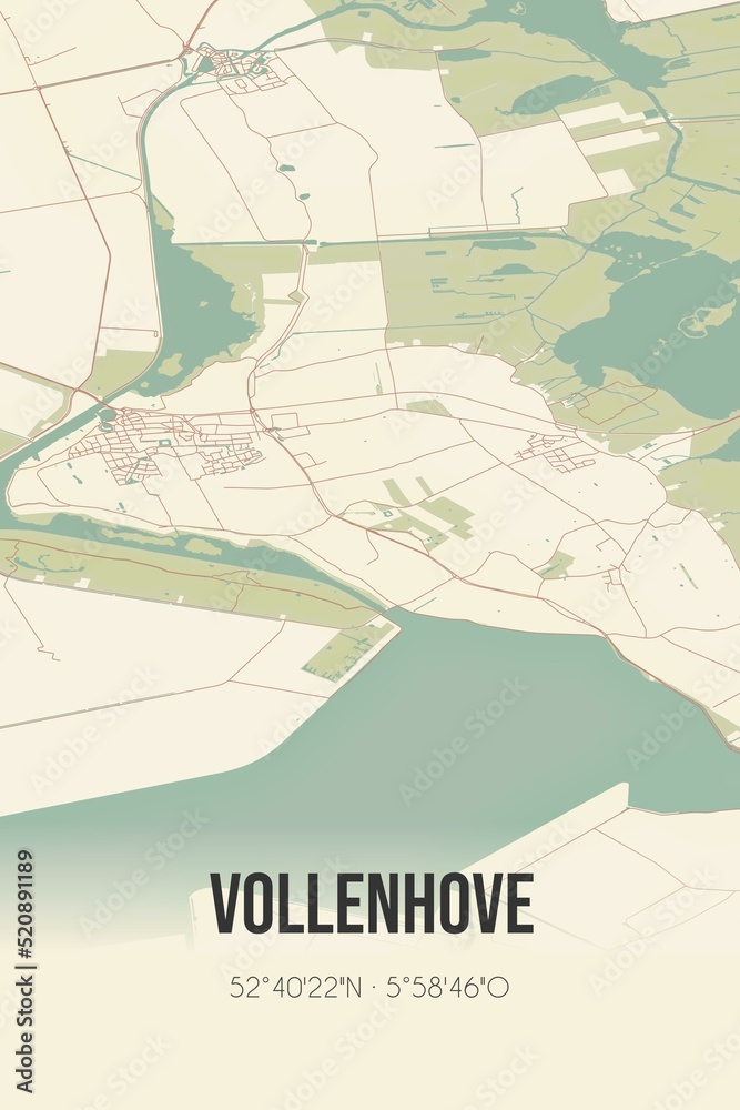 Retro Dutch city map of Vollenhove located in Overijssel. Vintage street map.