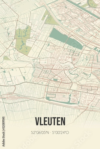 Retro Dutch city map of Vleuten located in Utrecht. Vintage street map.