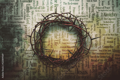 Canvas Print Crown of Thorns with Jesus names and atributes on a old paper
