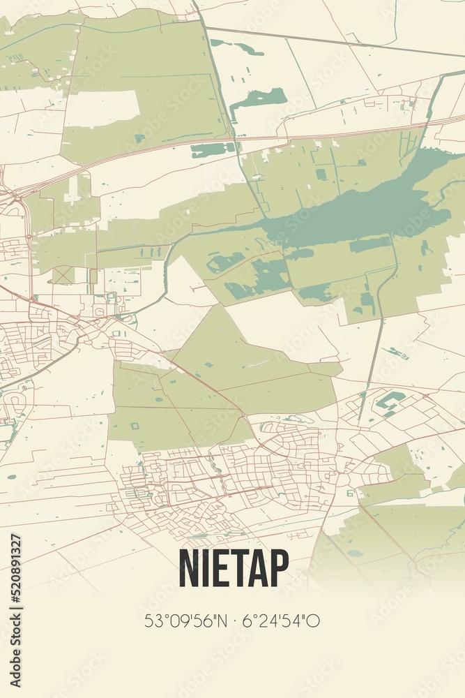 Retro Dutch city map of Nietap located in Drenthe. Vintage street map.