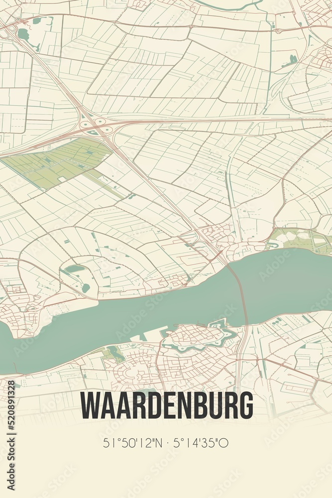 Obraz premium Retro Dutch city map of Waardenburg located in Gelderland. Vintage street map.
